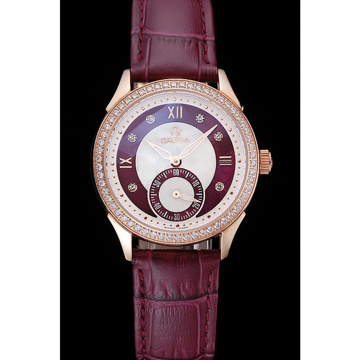 MiroTime Omega DeVille Prestige Dark Red Dial Gold Diamond Case Dark Red Leather Bracelet 1454125