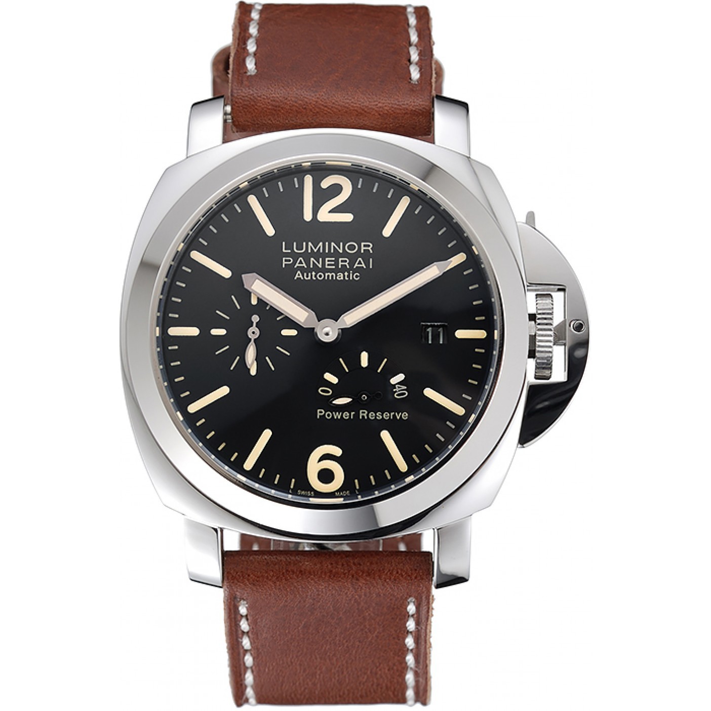 MiroTime Panerai Luminor Automatic Power Reserve Black Dial Stainless Steel Case Brown Leather Strap