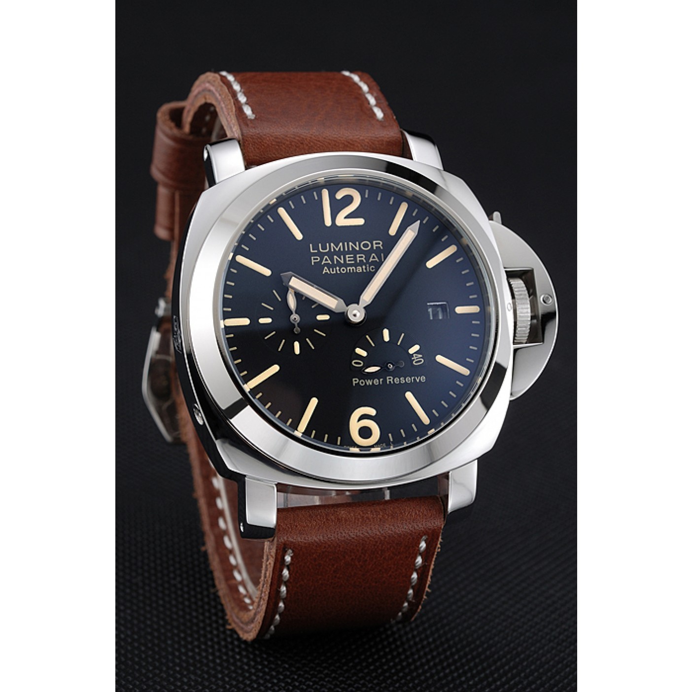 MiroTime Panerai Luminor Automatic Power Reserve Black Dial Stainless Steel Case Brown Leather Strap