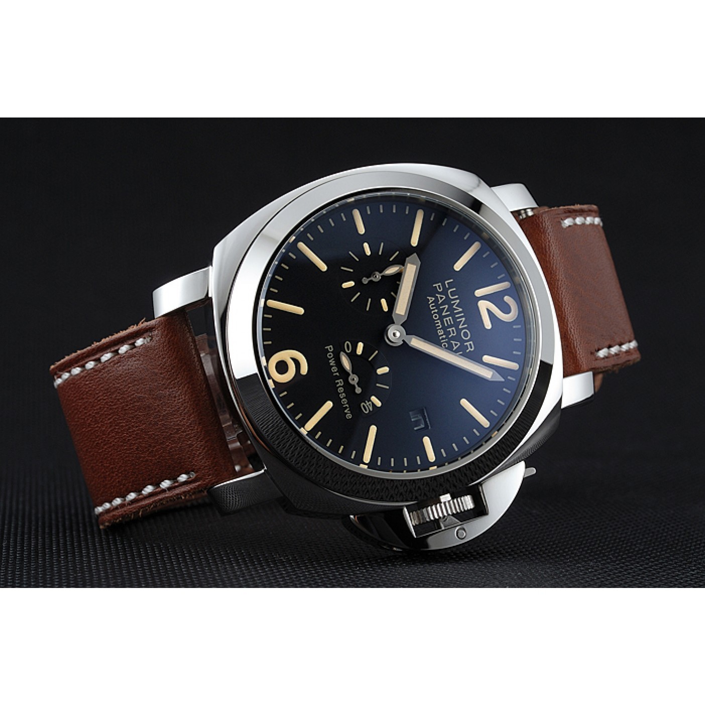 MiroTime Panerai Luminor Automatic Power Reserve Black Dial Stainless Steel Case Brown Leather Strap