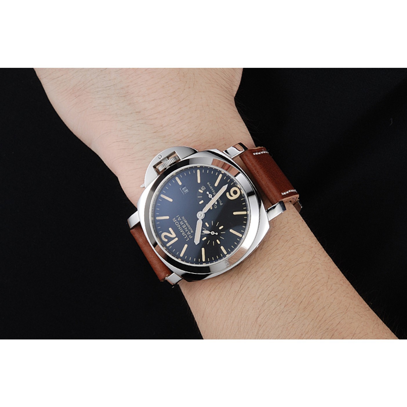 MiroTime Panerai Luminor Automatic Power Reserve Black Dial Stainless Steel Case Brown Leather Strap