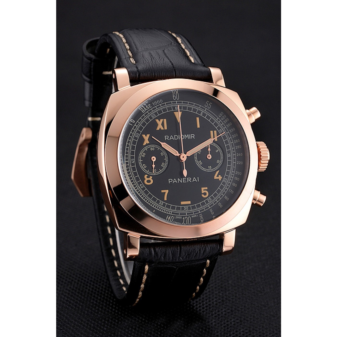 MiroTime Swiss Panerai Radiomir 1940 Chronograph Black Dial Rose Gold Case Black Leather Strap