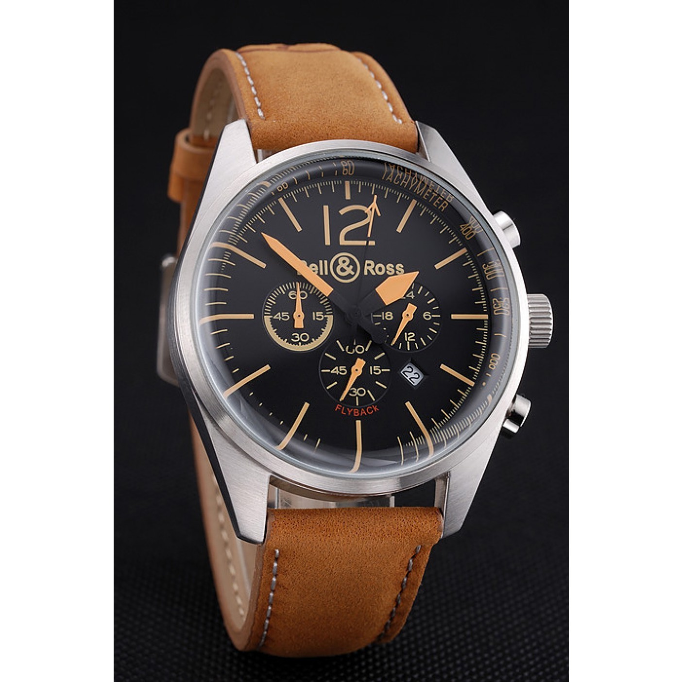 MiroTime Bell and Ross BR126 Flyback Black Dial Silver Case Gold Numerals Brown Suede Leather Strap