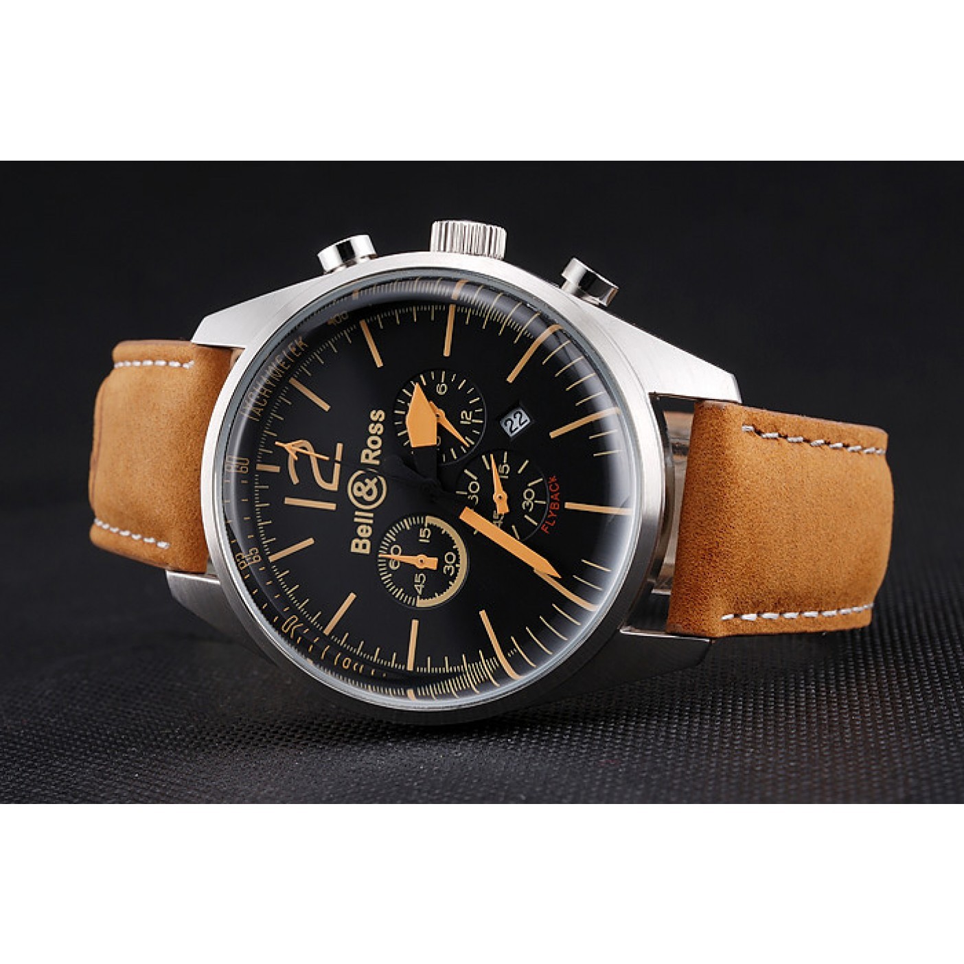 MiroTime Bell and Ross BR126 Flyback Black Dial Silver Case Gold Numerals Brown Suede Leather Strap