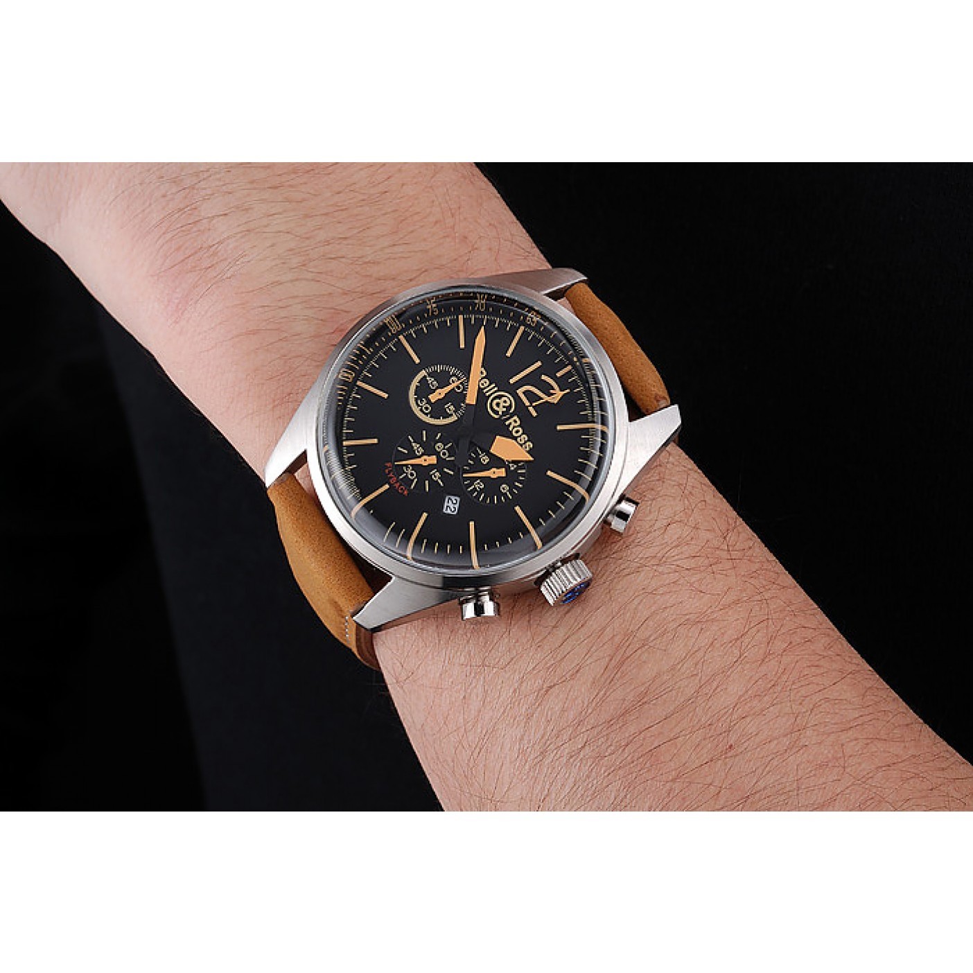 MiroTime Bell and Ross BR126 Flyback Black Dial Silver Case Gold Numerals Brown Suede Leather Strap