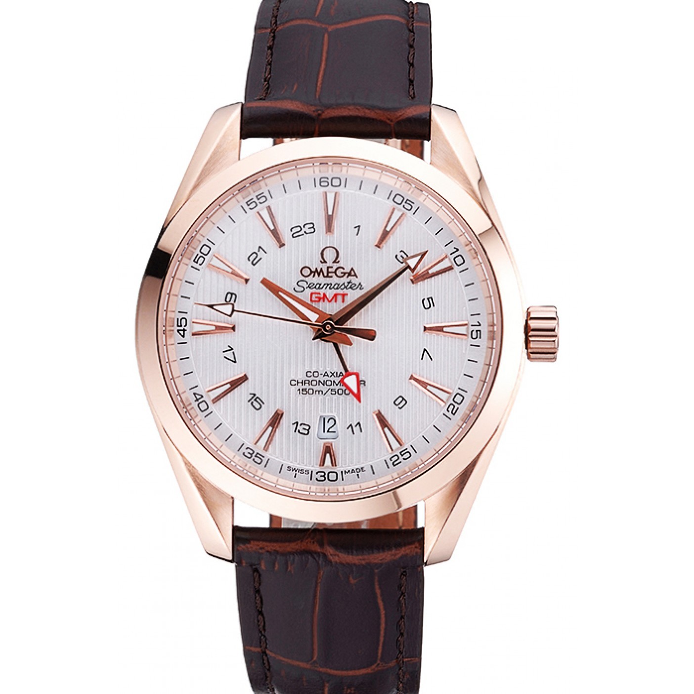 MiroTime Omega Seamaster Planet Ocean GMT White Dial Rose Gold Case Brown Leather Band 622400