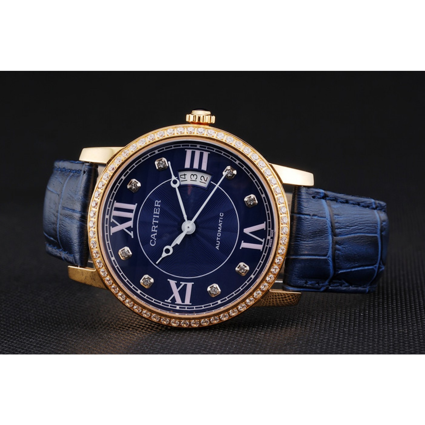MiroTime Swiss Cartier Ronde Solo Blue Dial Gold Diamond Case Blue Leather Strap