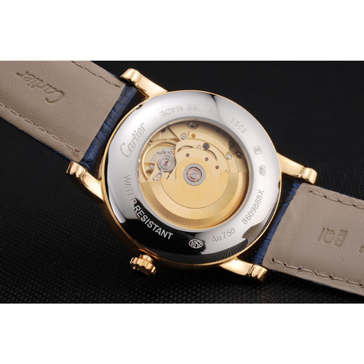 MiroTime Swiss Cartier Ronde Solo Blue Dial Gold Diamond Case Blue Leather Strap