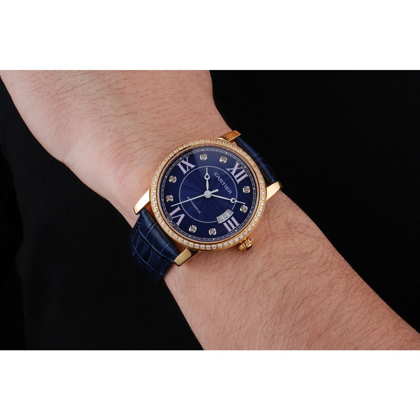 MiroTime Swiss Cartier Ronde Solo Blue Dial Gold Diamond Case Blue Leather Strap