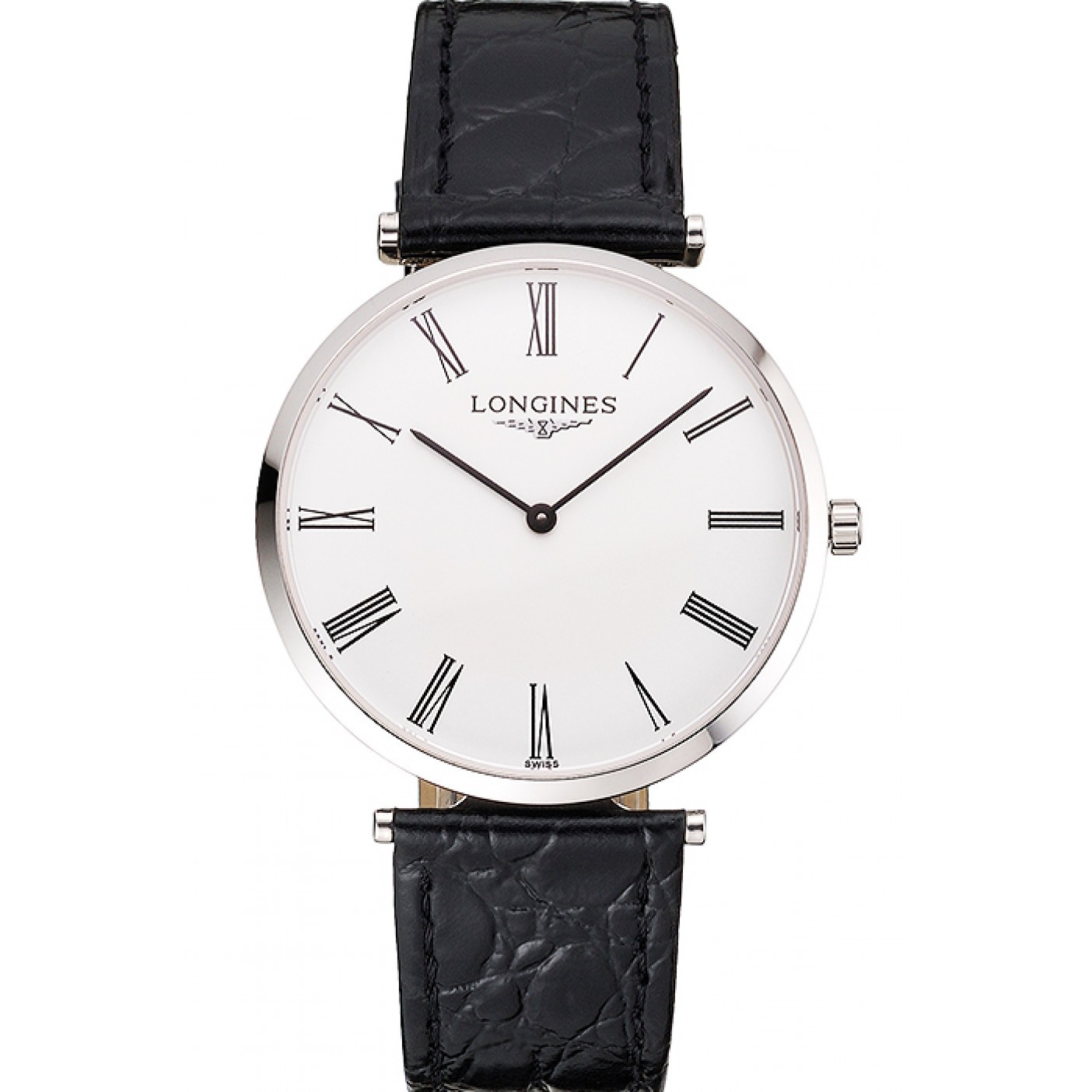 MiroTime Swiss Longines Grande Classique White Dial Roman Numerals Stainless Steel Case Black Leather Strap