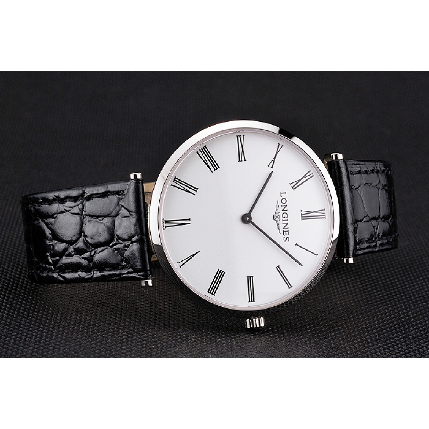 MiroTime Swiss Longines Grande Classique White Dial Roman Numerals Stainless Steel Case Black Leather Strap