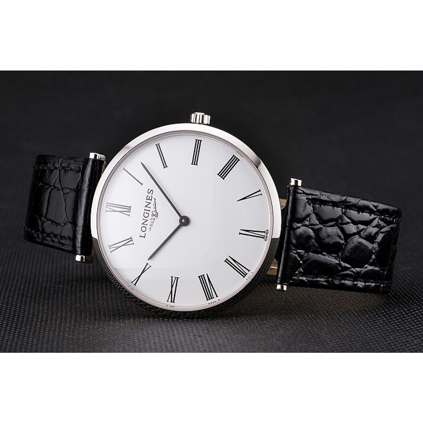 MiroTime Swiss Longines Grande Classique White Dial Roman Numerals Stainless Steel Case Black Leather Strap
