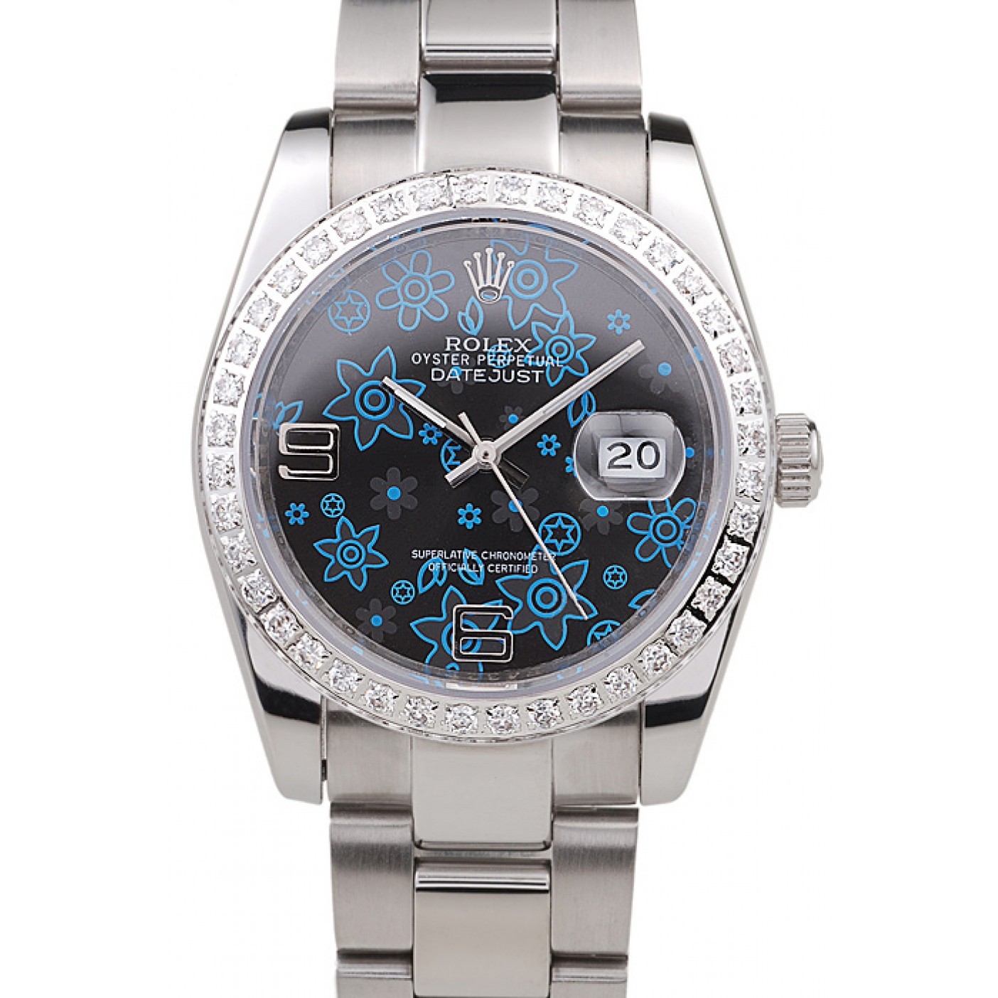 MiroTime Rolex Datejust Polished Stainless Steel Dark Blue Flowers Dial Diamond Plated