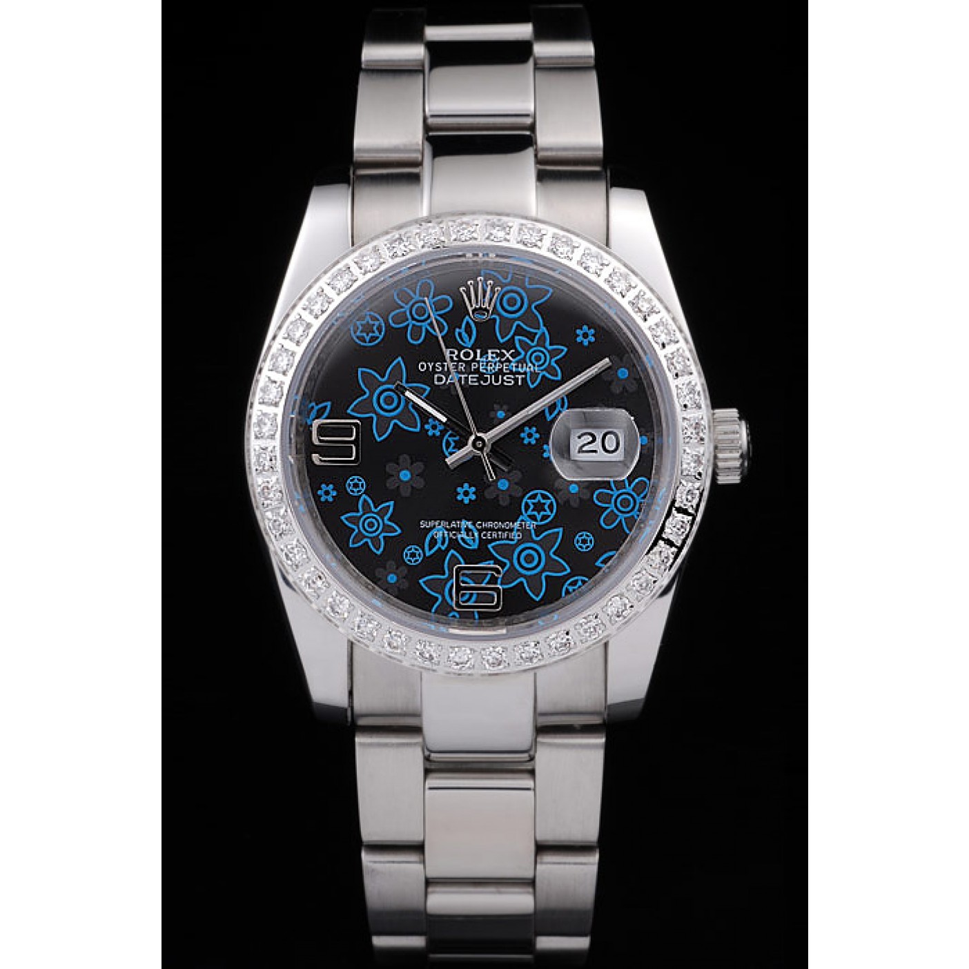 MiroTime Rolex Datejust Polished Stainless Steel Dark Blue Flowers Dial Diamond Plated