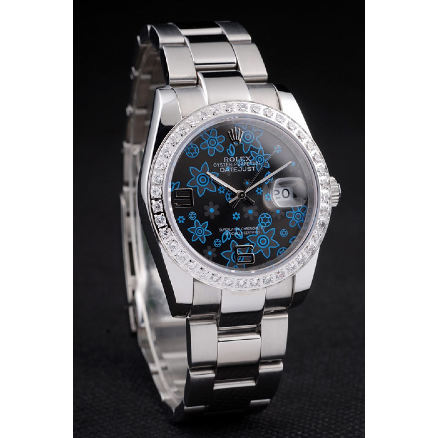 MiroTime Rolex Datejust Polished Stainless Steel Dark Blue Flowers Dial Diamond Plated