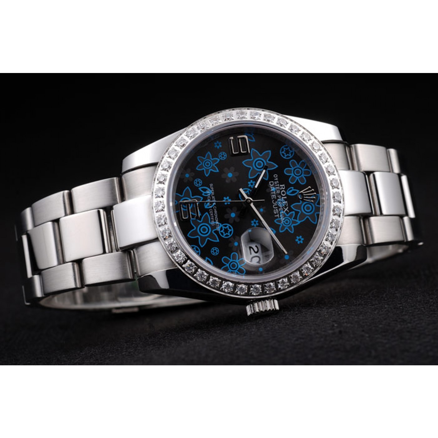 MiroTime Rolex Datejust Polished Stainless Steel Dark Blue Flowers Dial Diamond Plated