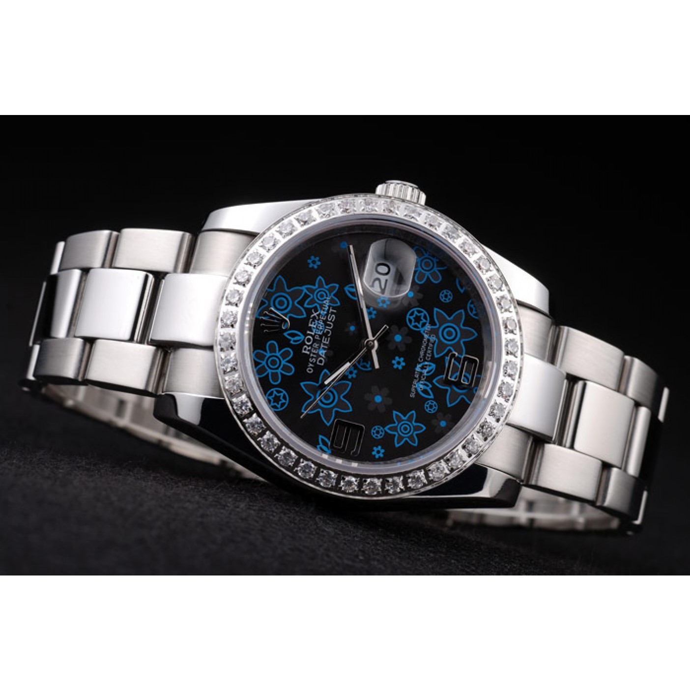 MiroTime Rolex Datejust Polished Stainless Steel Dark Blue Flowers Dial Diamond Plated