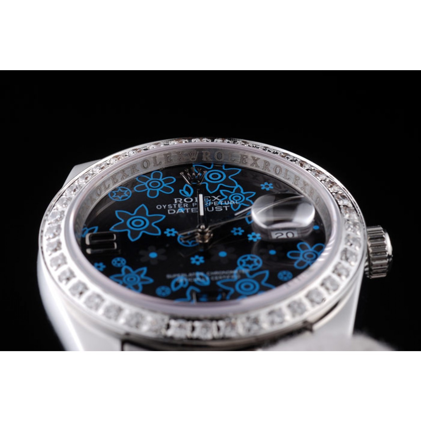 MiroTime Rolex Datejust Polished Stainless Steel Dark Blue Flowers Dial Diamond Plated