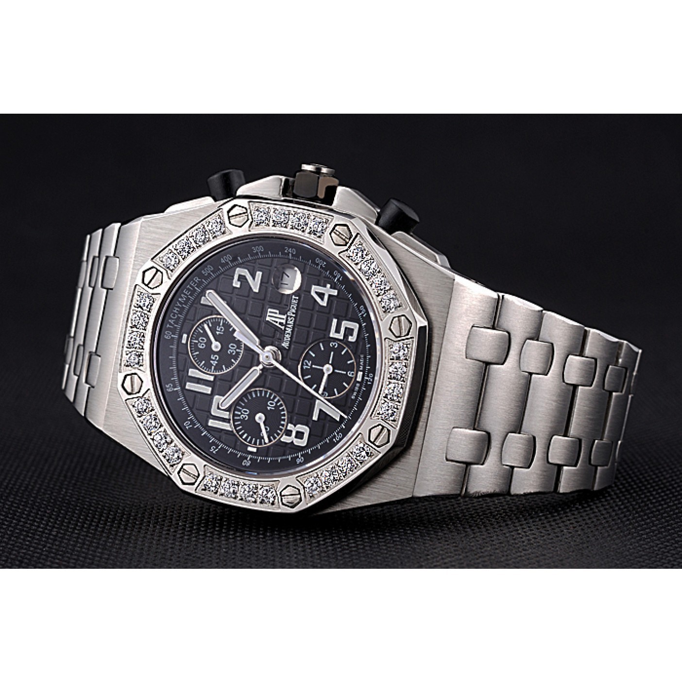 MiroTime Swiss Audemars Piguet Royal Oak Offshore Black Dial Diamond Bezel Stainless Steel Case And Bracelet 622873