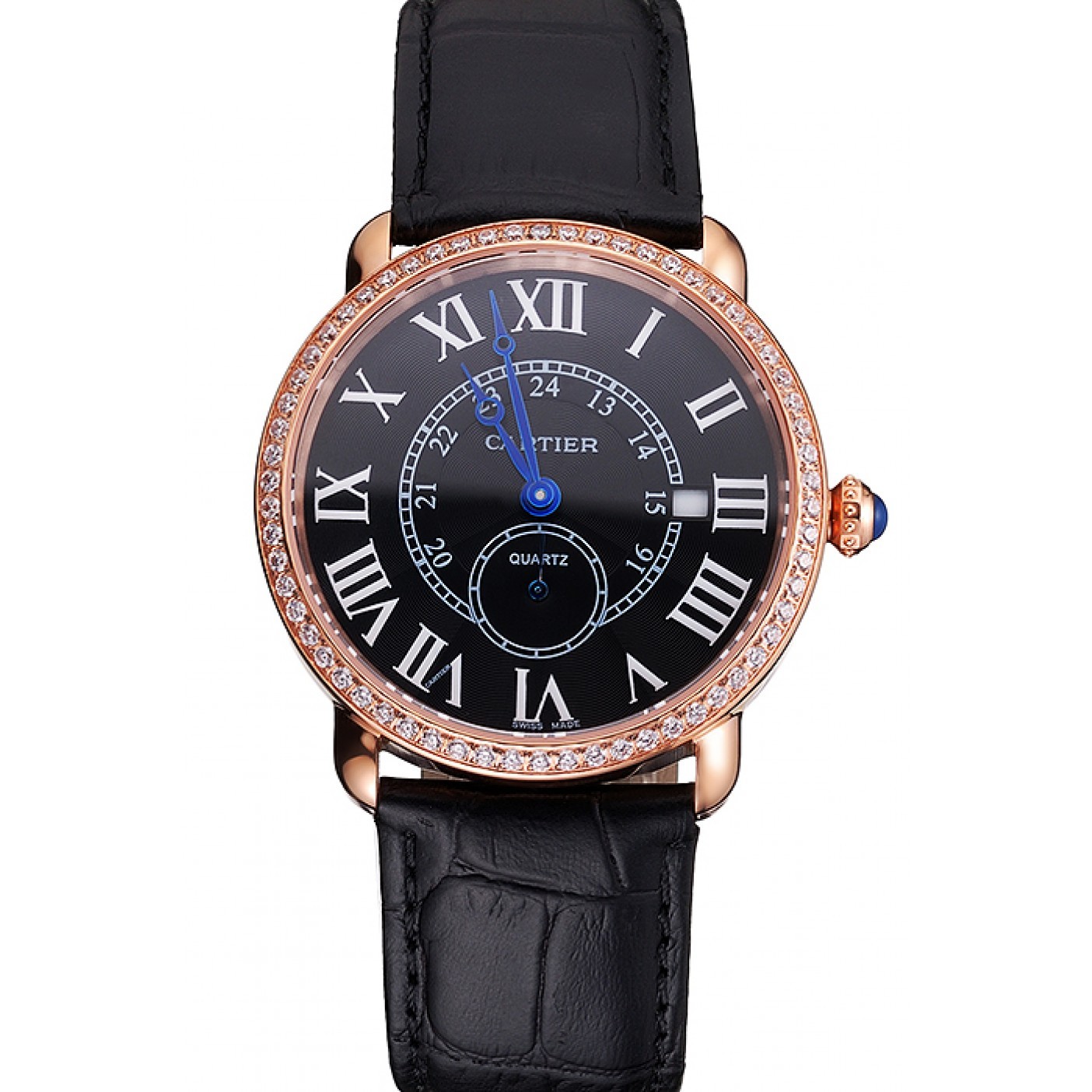 MiroTime Cartier Ronde Louis Cartier Black Dial Gold Case Diamond Bezel Black Leather Strap