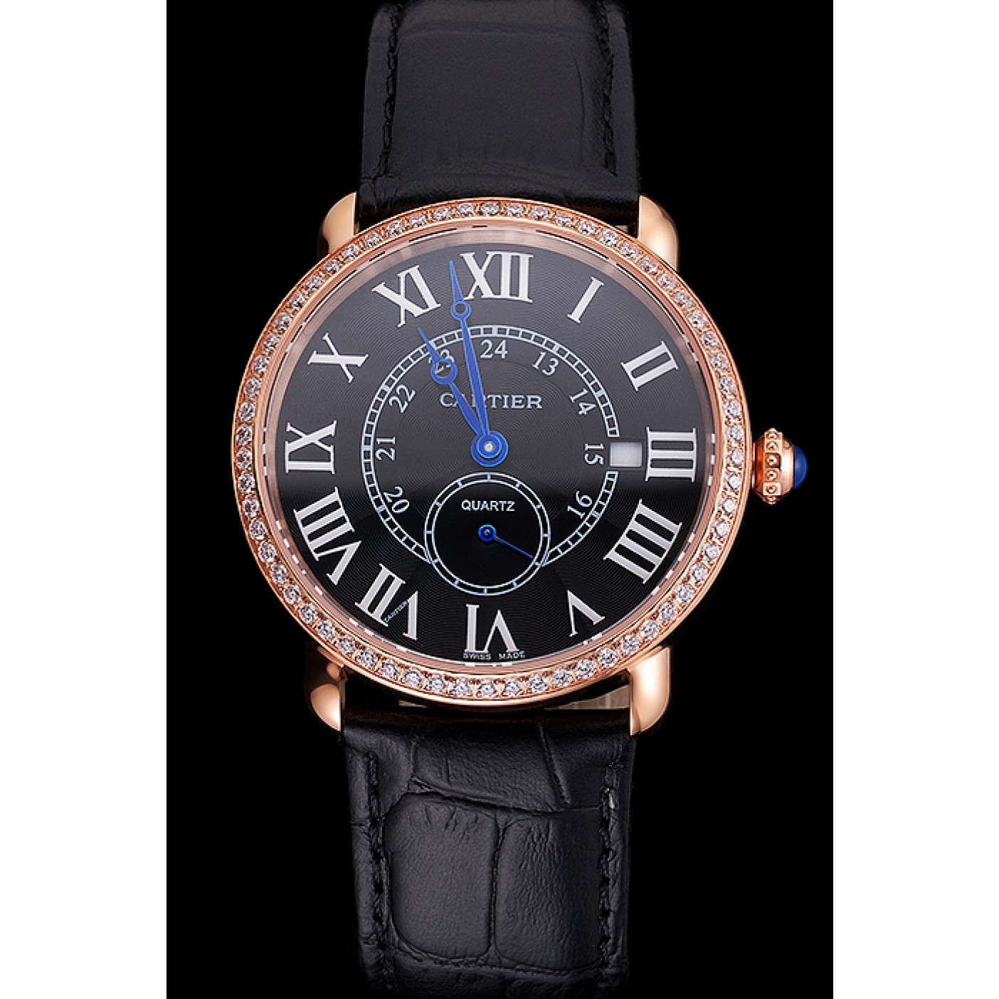 MiroTime Cartier Ronde Louis Cartier Black Dial Gold Case Diamond Bezel Black Leather Strap