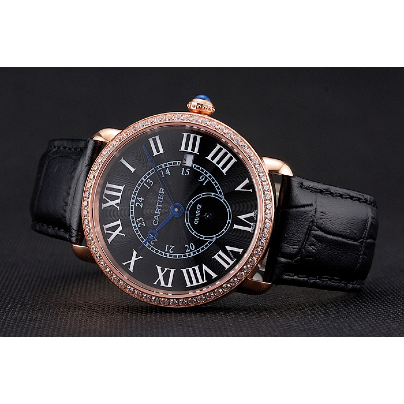 MiroTime Cartier Ronde Louis Cartier Black Dial Gold Case Diamond Bezel Black Leather Strap