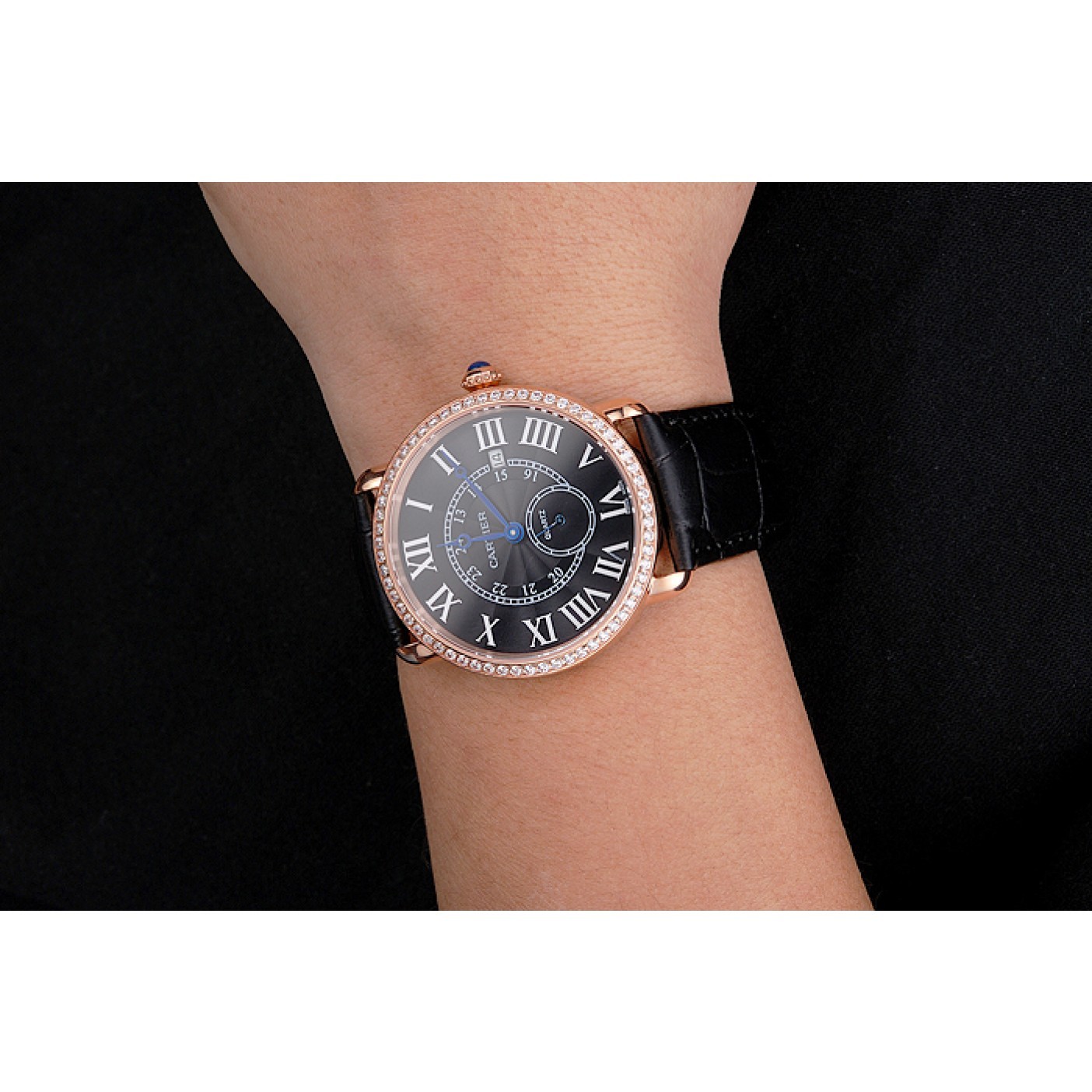 MiroTime Cartier Ronde Louis Cartier Black Dial Gold Case Diamond Bezel Black Leather Strap