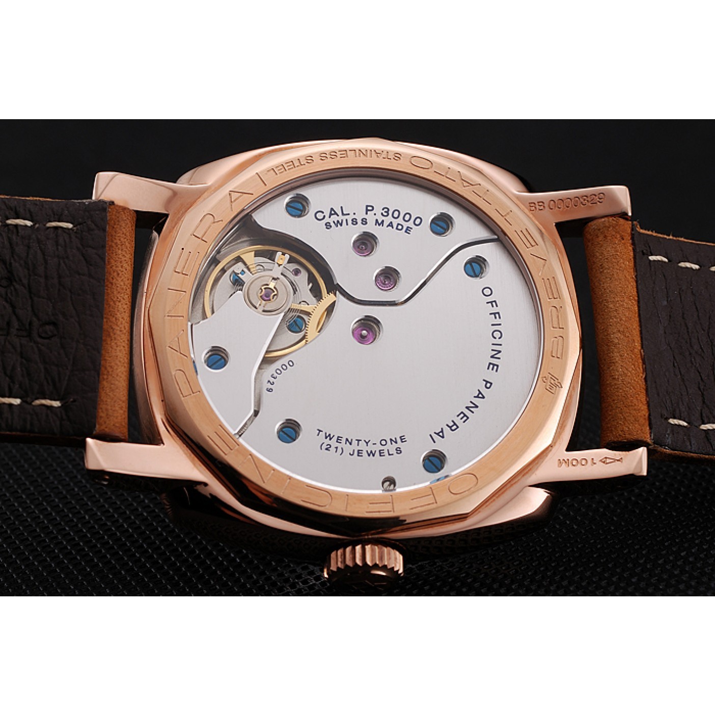 MiroTime Swiss Panerai Radiomir 1940 Black Dial Rose Gold Case Brown Suede Leather Strap 1453844