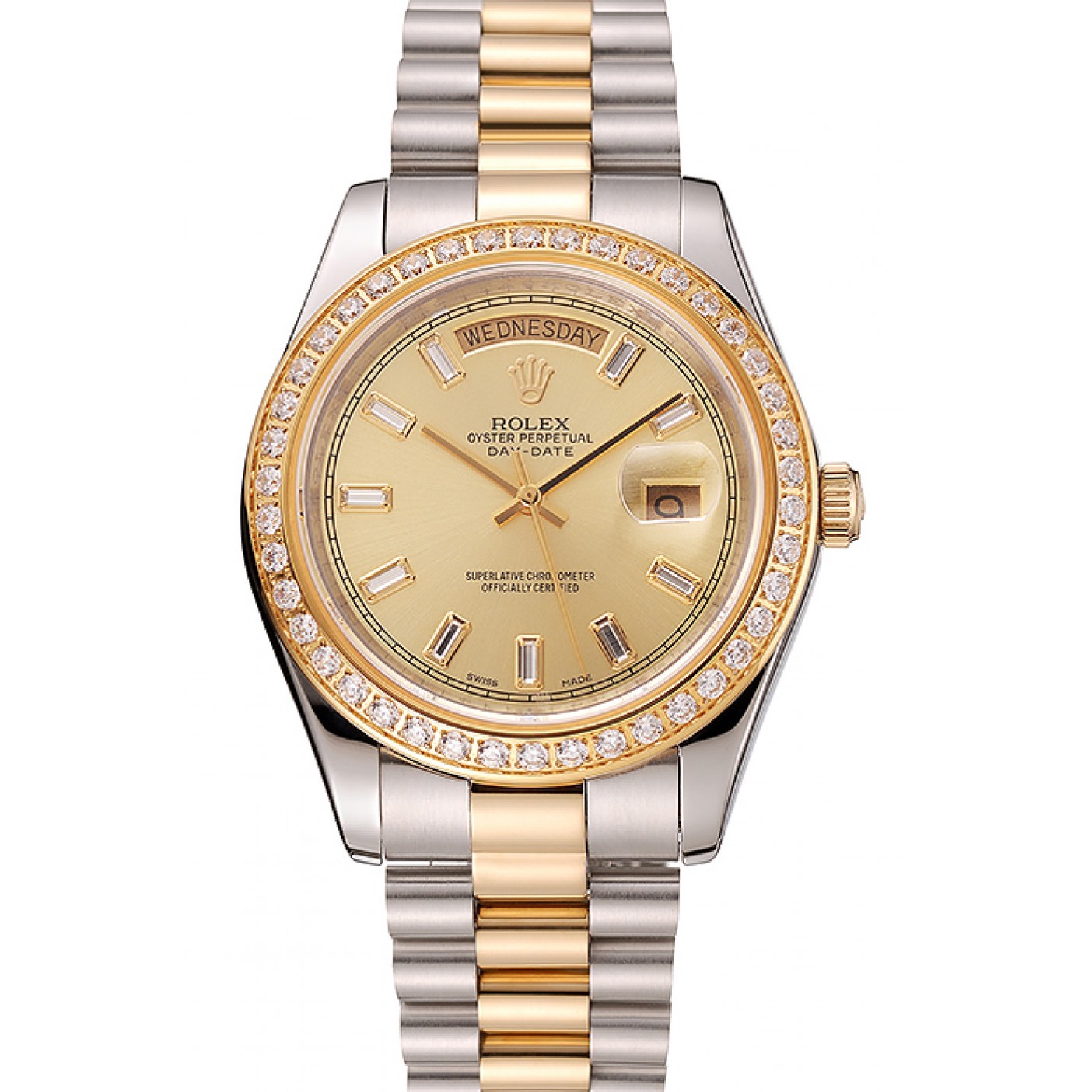 MiroTime Swiss Rolex Day-Date Champagne Dial Diamond Bezel Two Tone Bracelet 1454103