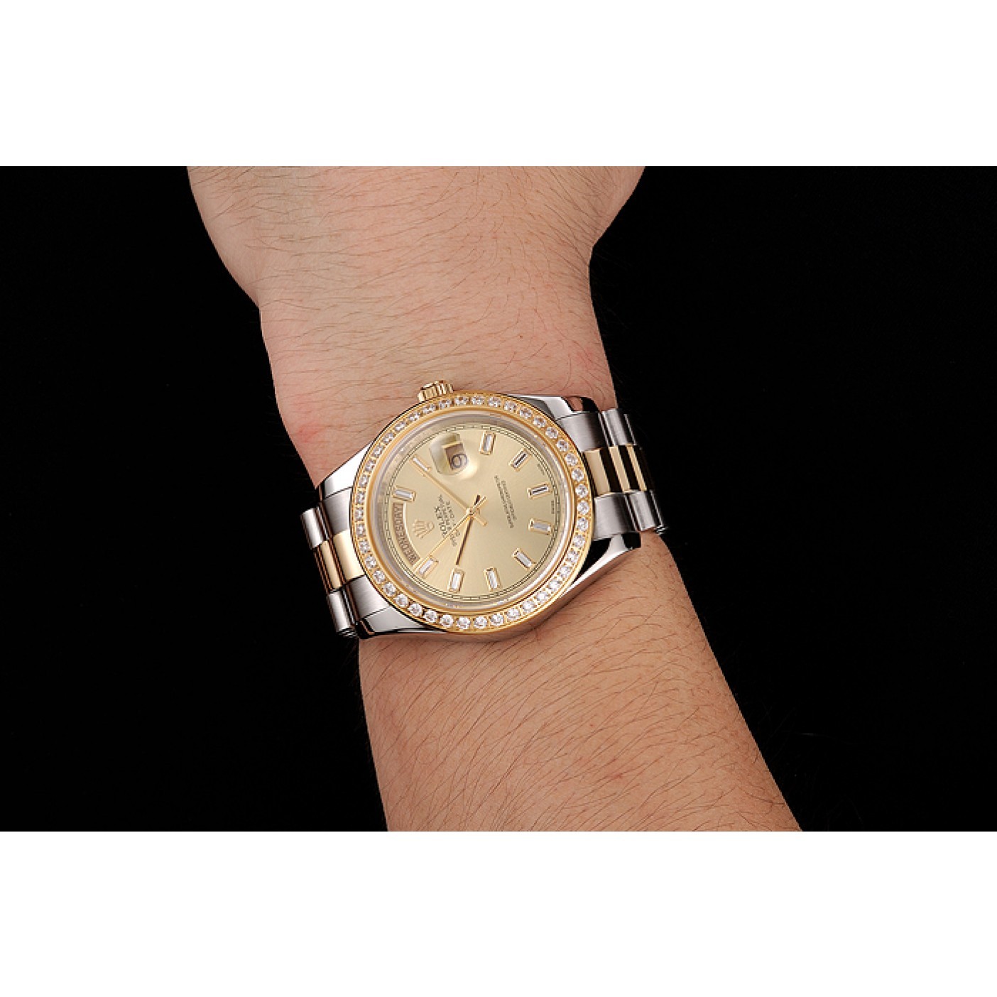MiroTime Swiss Rolex Day-Date Champagne Dial Diamond Bezel Two Tone Bracelet 1454103