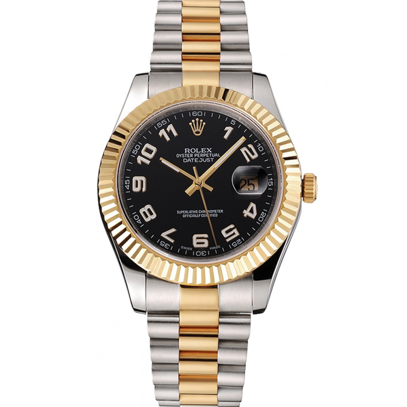 MiroTime Swiss Rolex Datejust Black Dial Gold Bezel Stainless Steel Case Two Tone Bracelet