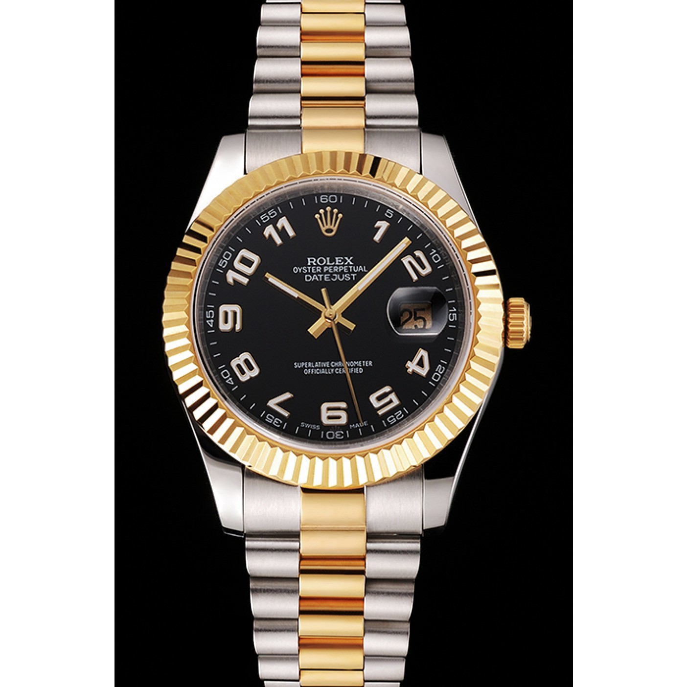 MiroTime Swiss Rolex Datejust Black Dial Gold Bezel Stainless Steel Case Two Tone Bracelet