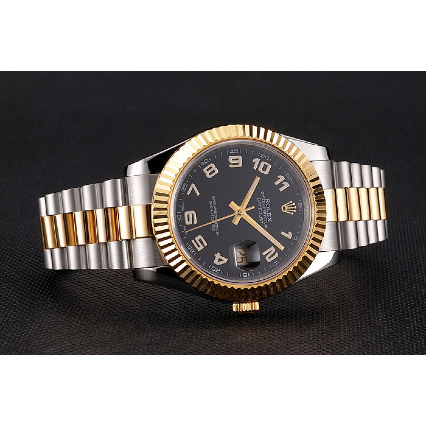 MiroTime Swiss Rolex Datejust Black Dial Gold Bezel Stainless Steel Case Two Tone Bracelet