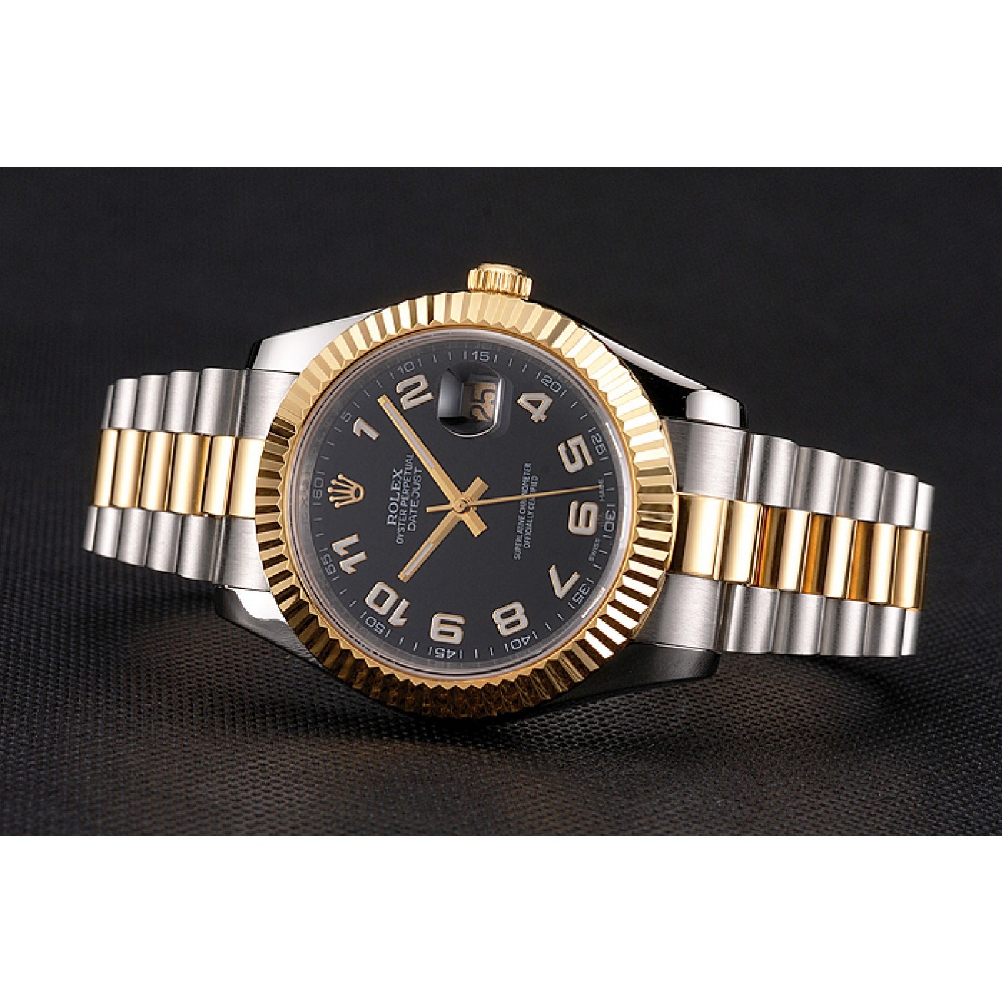 MiroTime Swiss Rolex Datejust Black Dial Gold Bezel Stainless Steel Case Two Tone Bracelet