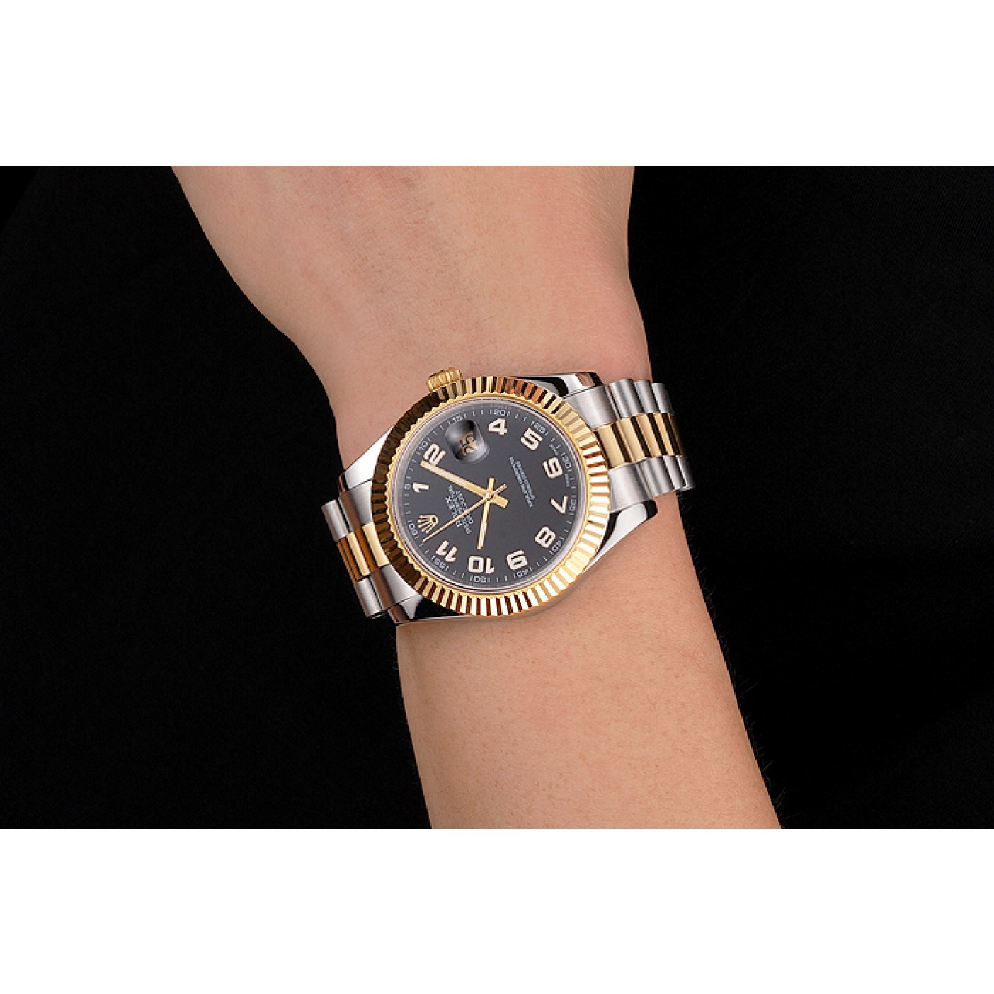 MiroTime Swiss Rolex Datejust Black Dial Gold Bezel Stainless Steel Case Two Tone Bracelet