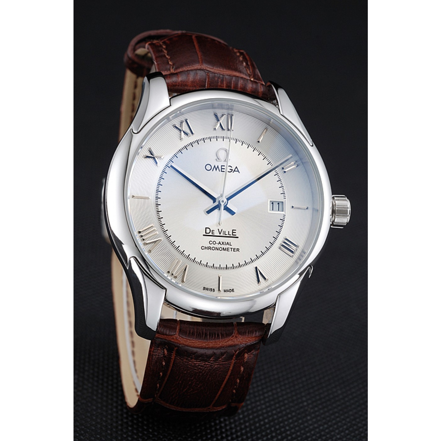 MiroTime Omega DeVille Silver Dial Stainless Steel Case Brown Leather Strap 622830