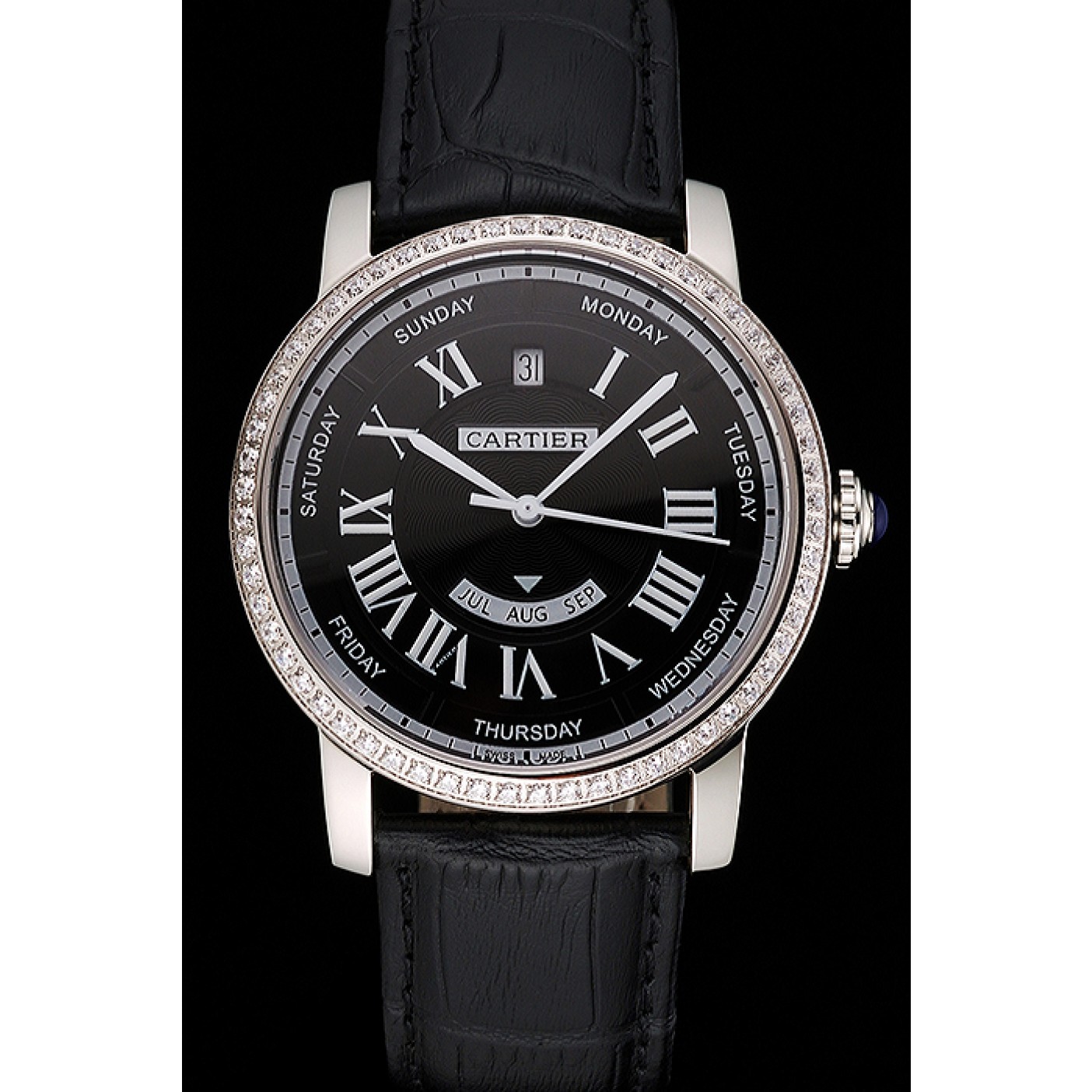 MiroTime Swiss Cartier Ballon Bleu GMT Silver Dial Stainless Steel Case Black Leather Strap