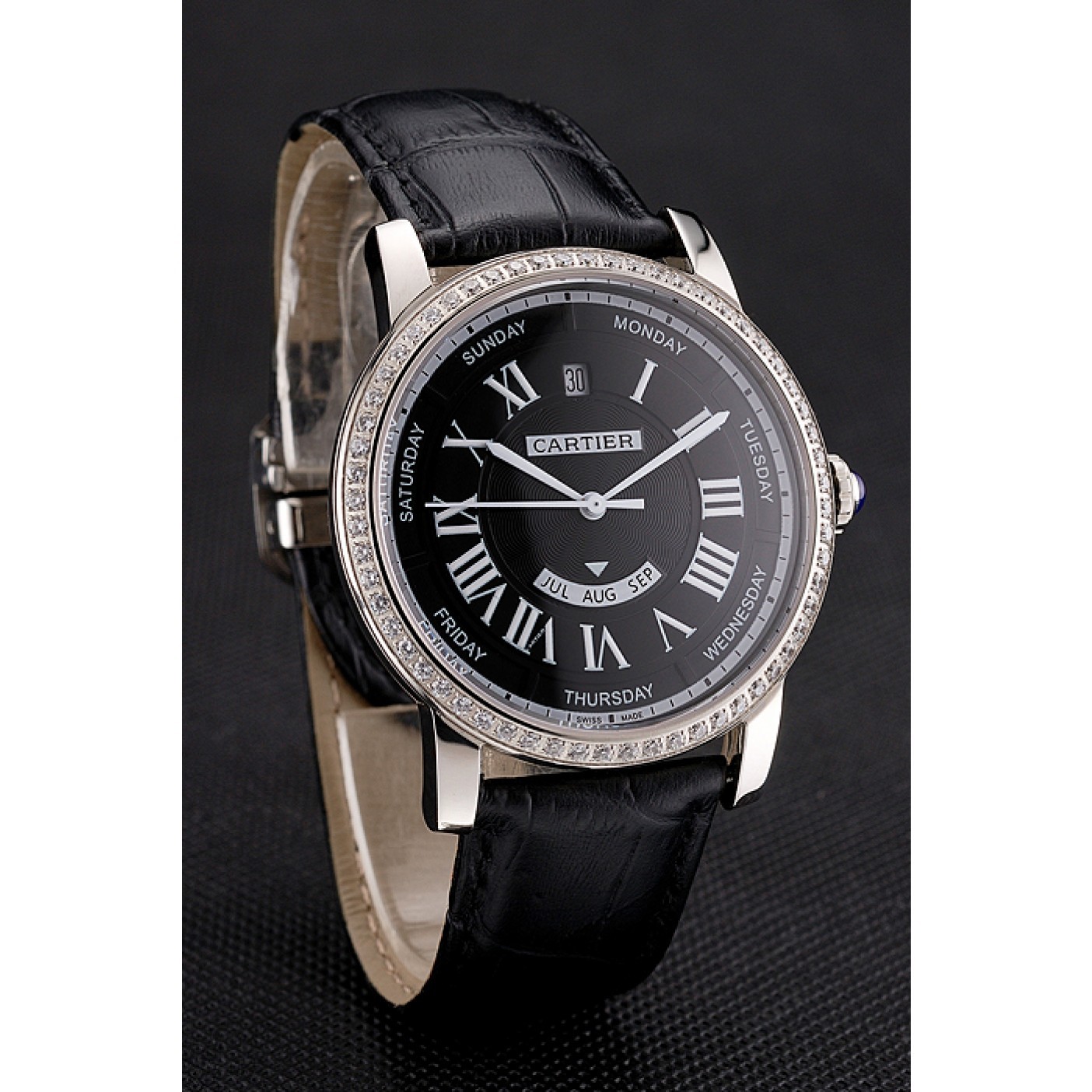 MiroTime Swiss Cartier Ballon Bleu GMT Silver Dial Stainless Steel Case Black Leather Strap
