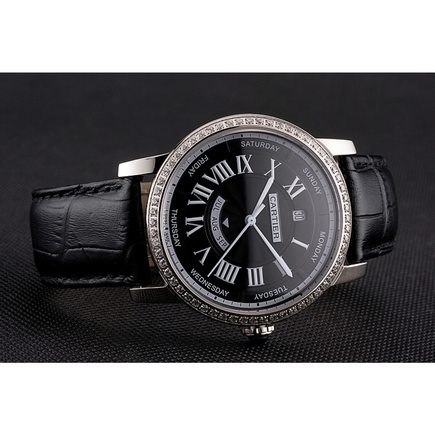 MiroTime Swiss Cartier Ballon Bleu GMT Silver Dial Stainless Steel Case Black Leather Strap