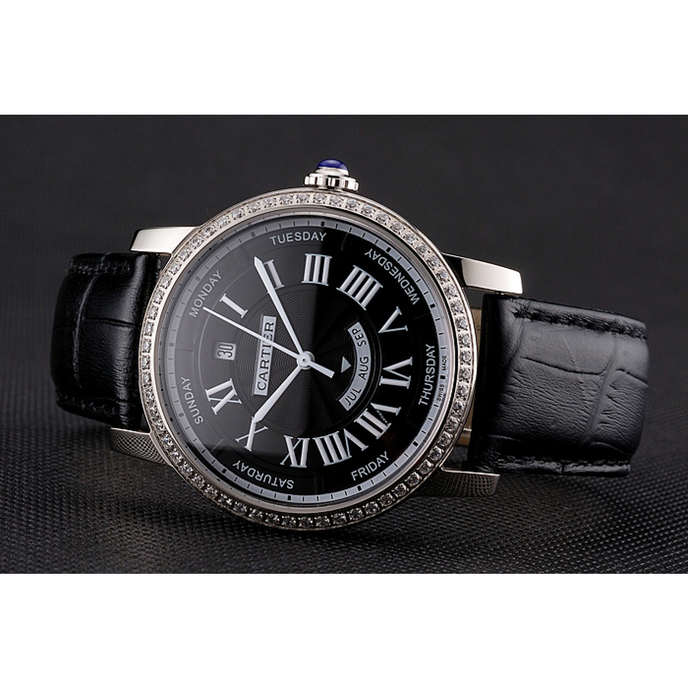 MiroTime Swiss Cartier Ballon Bleu GMT Silver Dial Stainless Steel Case Black Leather Strap