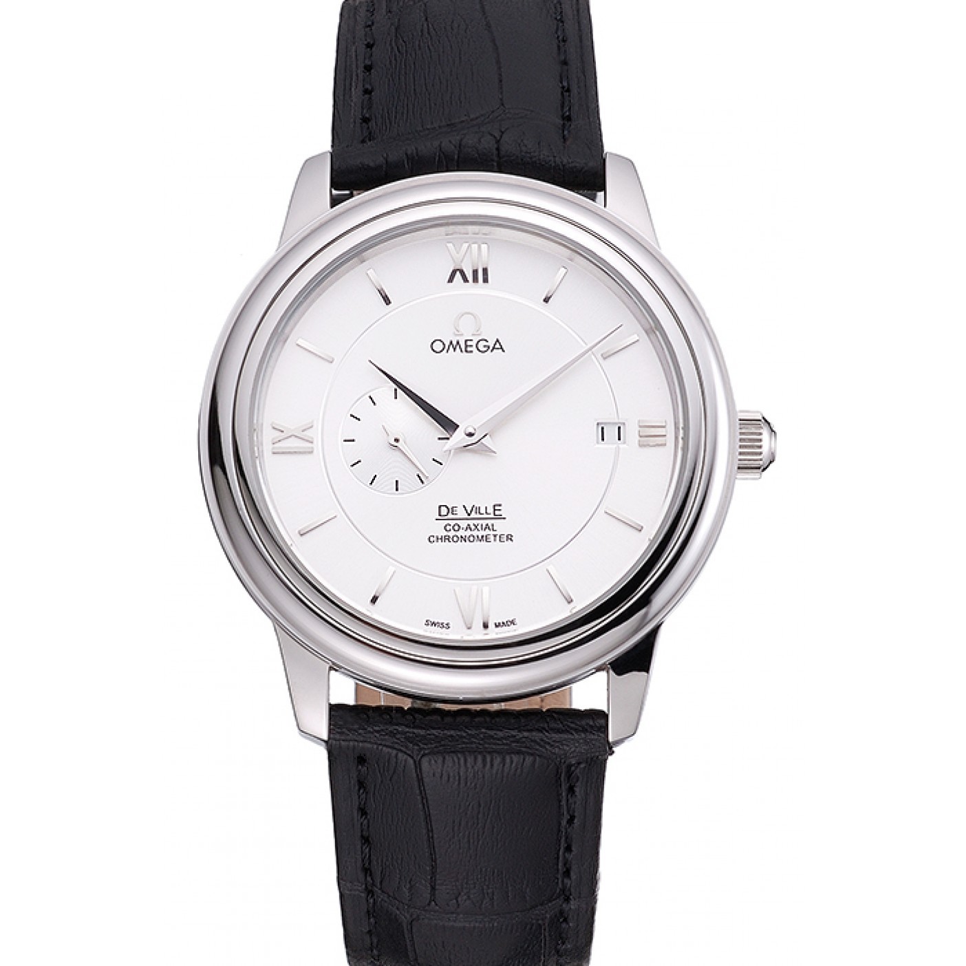 MiroTime Omega De Ville Prstige Co-Axial White Dial Silver Case Black Leather Strap Roman Numeral