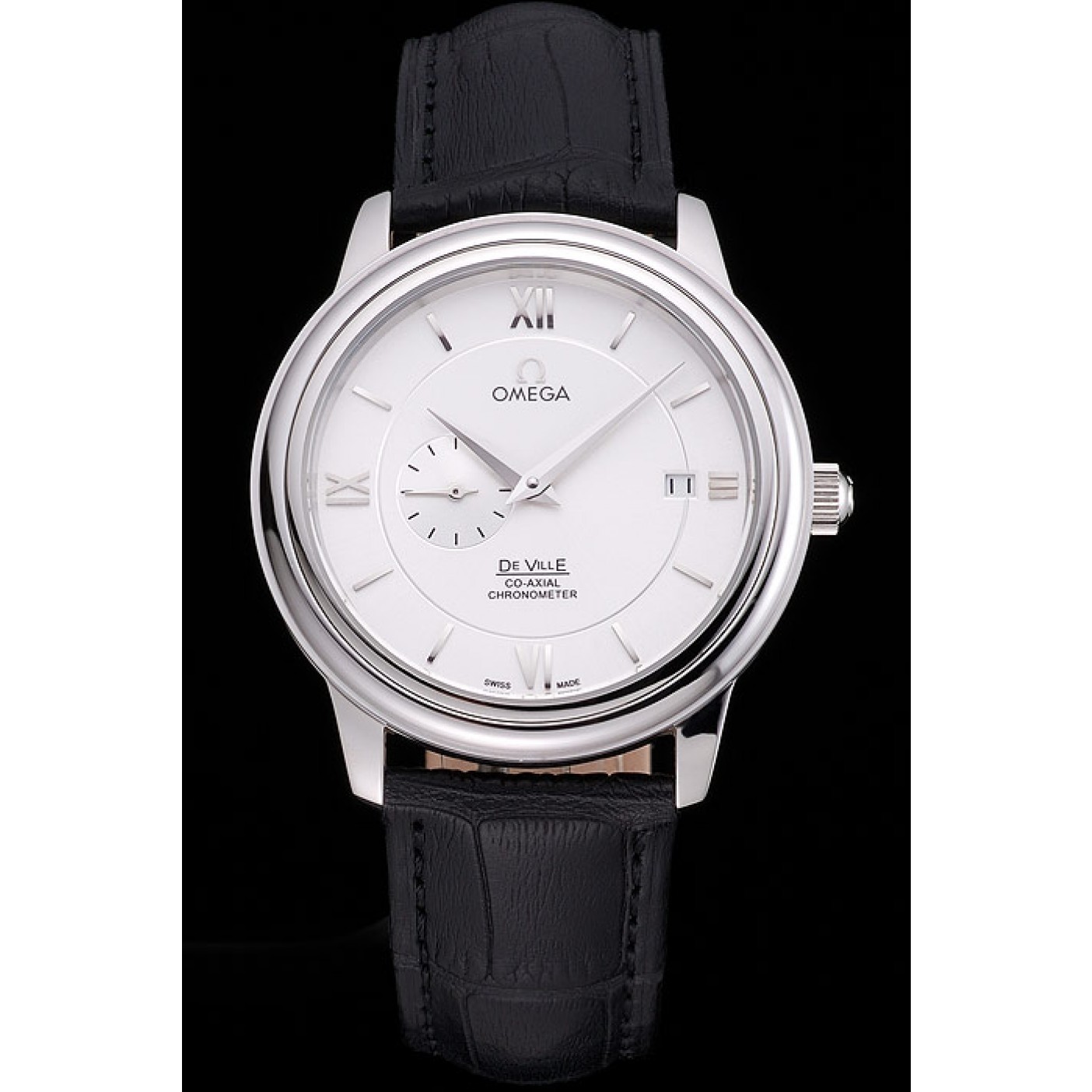MiroTime Omega De Ville Prstige Co-Axial White Dial Silver Case Black Leather Strap Roman Numeral