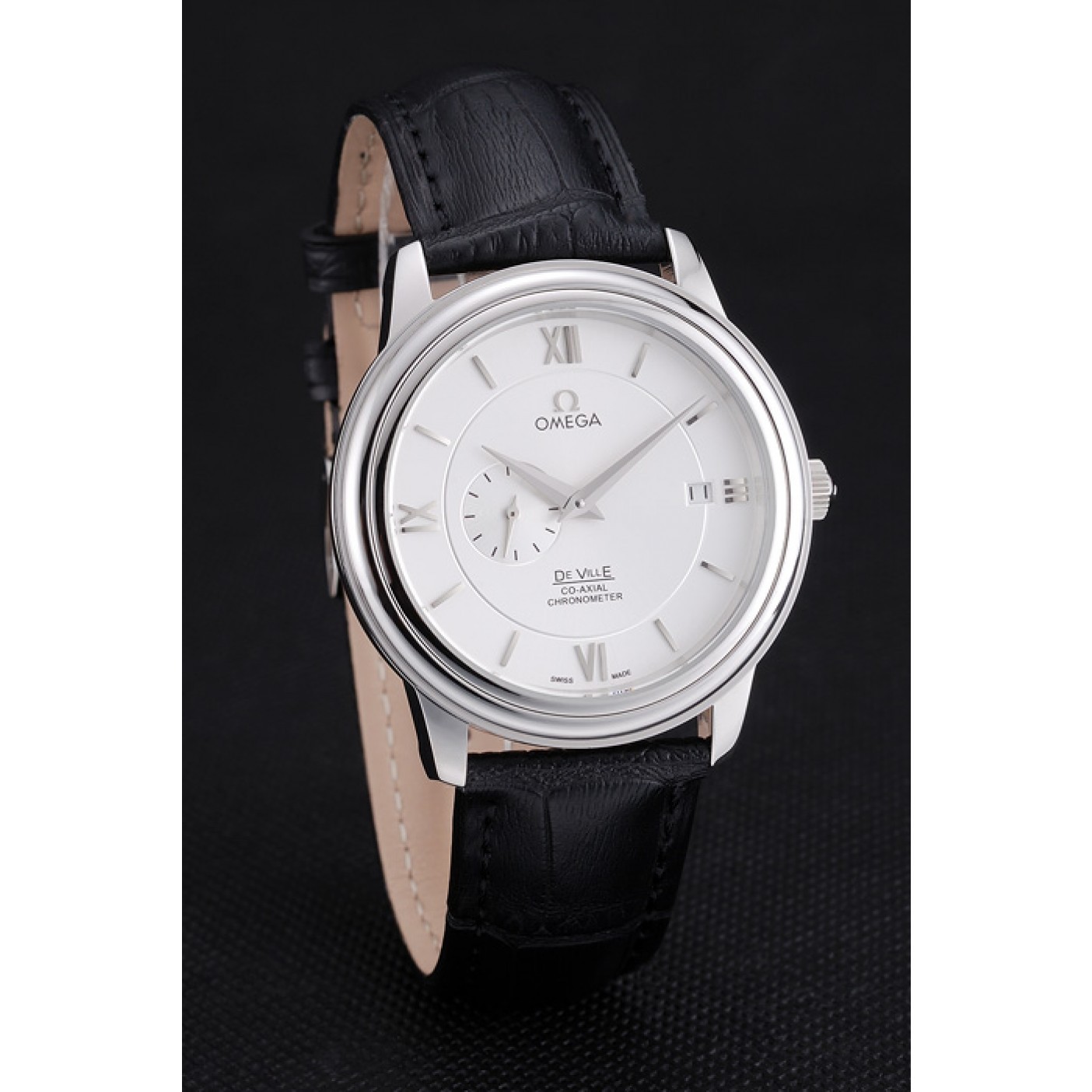 MiroTime Omega De Ville Prstige Co-Axial White Dial Silver Case Black Leather Strap Roman Numeral