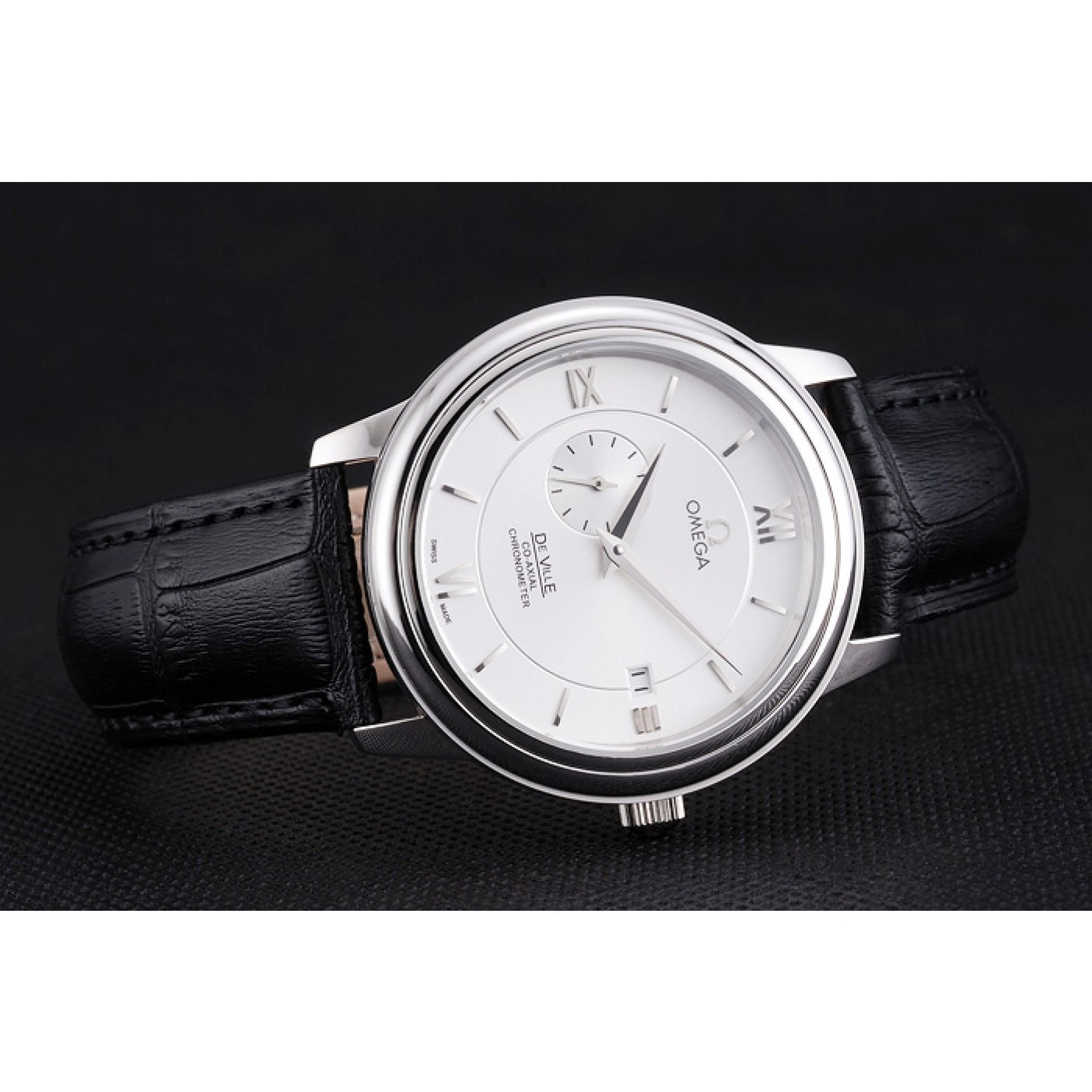 MiroTime Omega De Ville Prstige Co-Axial White Dial Silver Case Black Leather Strap Roman Numeral