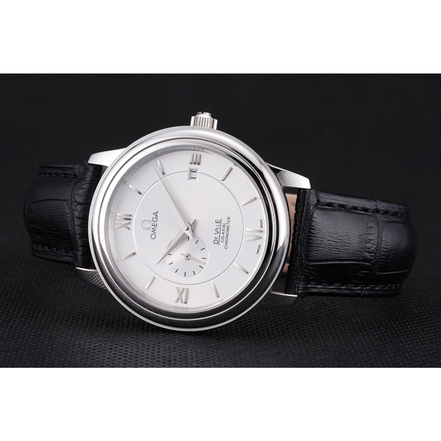 MiroTime Omega De Ville Prstige Co-Axial White Dial Silver Case Black Leather Strap Roman Numeral