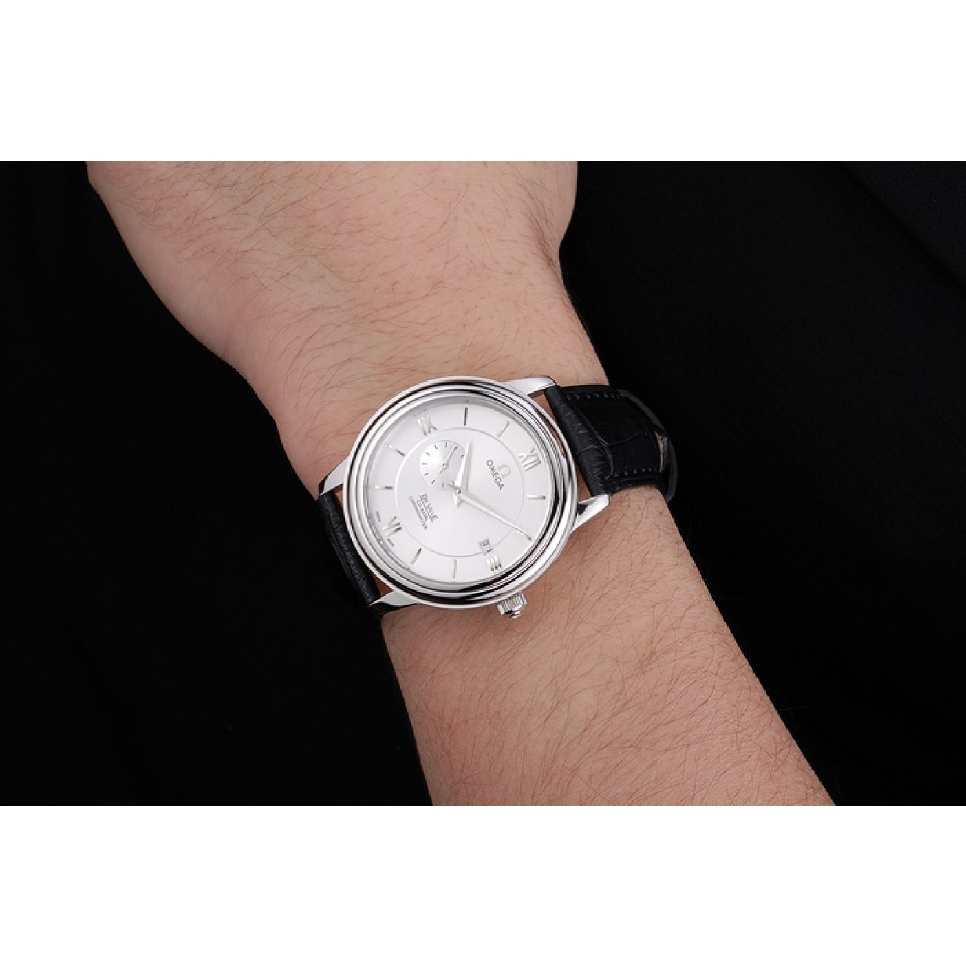 MiroTime Omega De Ville Prstige Co-Axial White Dial Silver Case Black Leather Strap Roman Numeral