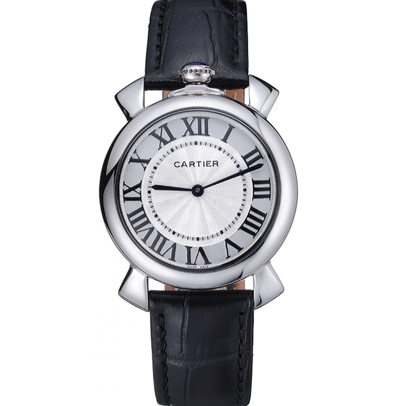 MiroTime Cartier Rotonde Blue Crown Black Leather Bracelet 621975
