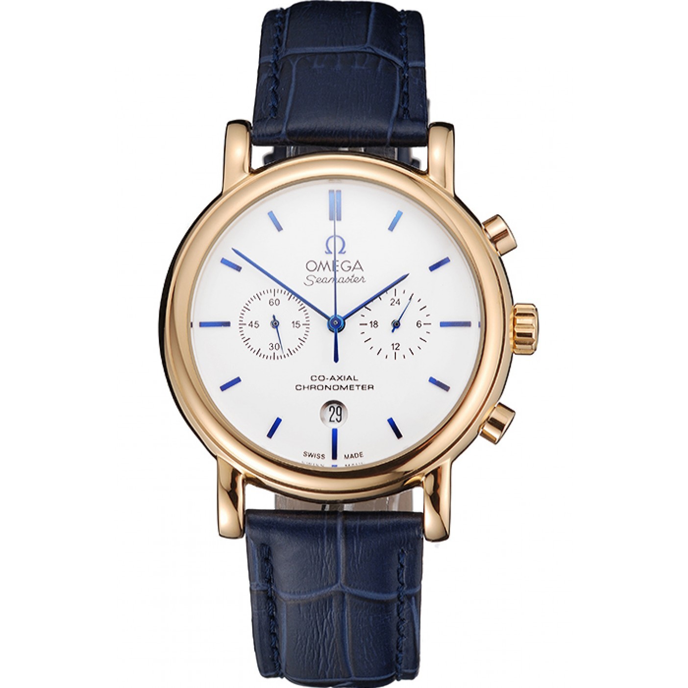 MiroTime Omega Seamaster Vintage Chronograph White Dial Blue Hour Marks Gold Case Blue Leather Strap