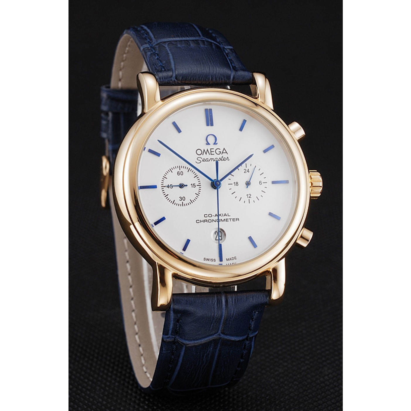 MiroTime Omega Seamaster Vintage Chronograph White Dial Blue Hour Marks Gold Case Blue Leather Strap