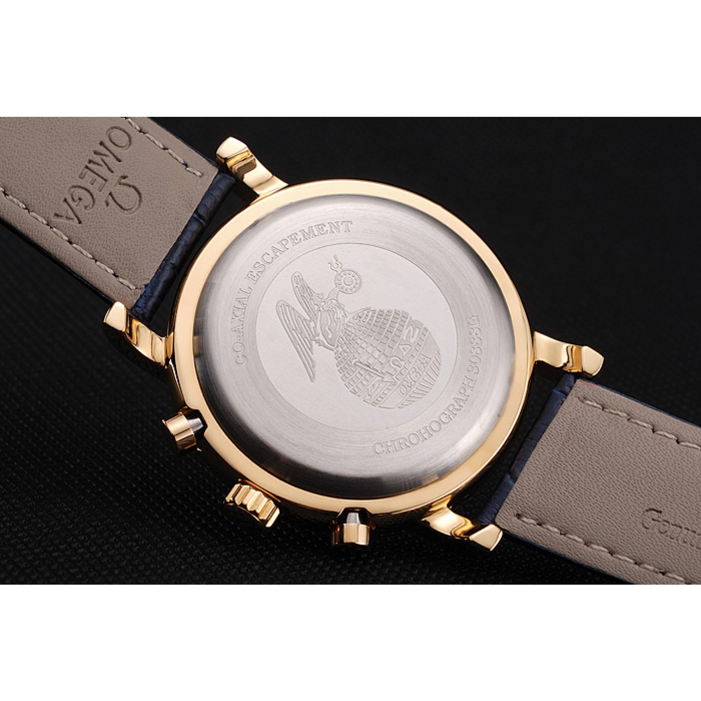 MiroTime Omega Seamaster Vintage Chronograph White Dial Blue Hour Marks Gold Case Blue Leather Strap